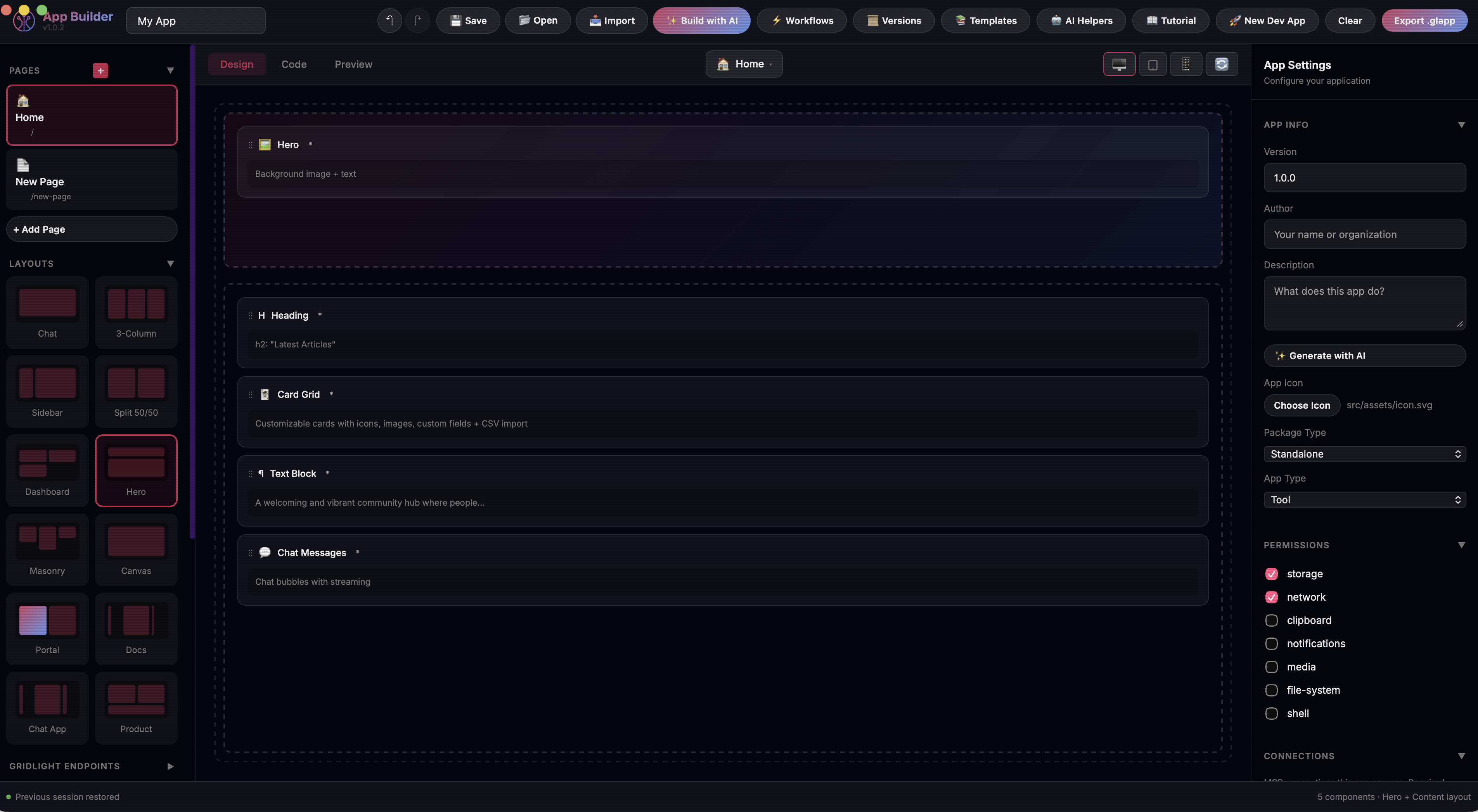 Screenshot: App Builder visual interface with component panel and canvas