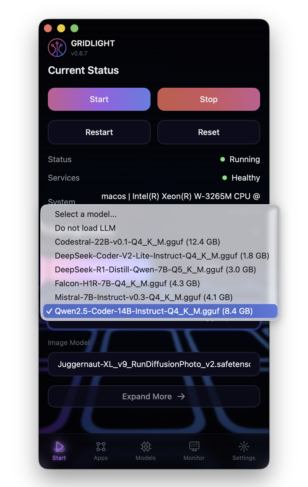 Screenshot: Model management panel showing active and available models