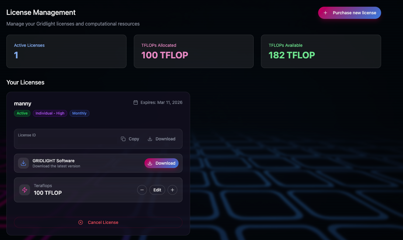 Screenshot: License dashboard showing status, allocation, and gateways