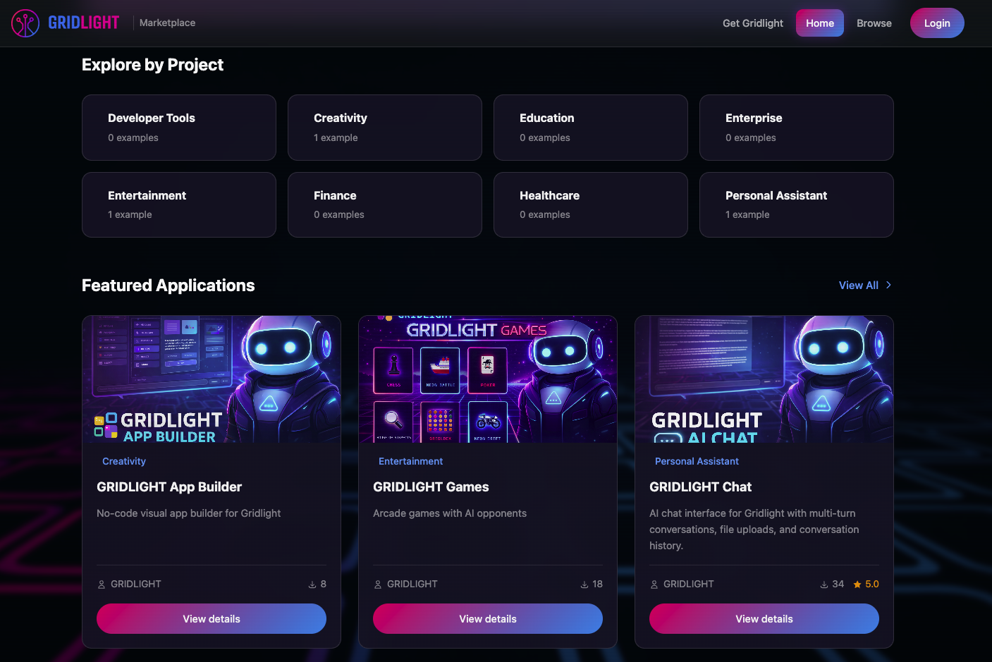 Screenshot: Gridlight marketplace with app cards and categories
